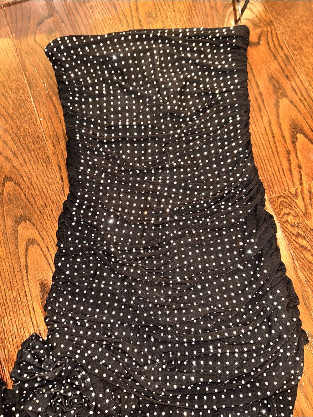 Black Strapless Rhinestone Ruched Dress